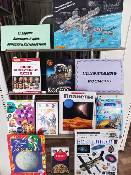 Обзор книжной выставки "Притяжение космоса" в Караваевской сельской библиотеке